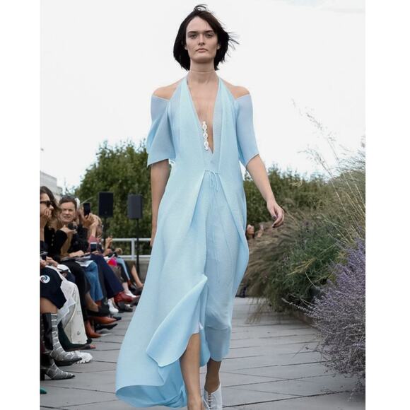 Roland Mouret Ballard Plisse Draped Gown Plunge Neckline Blue Dress Size 6 - Picture 1 of 14